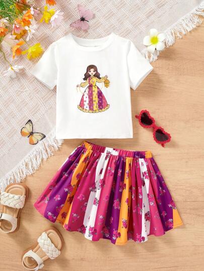 SHEIN Leap Crew 2 件套 Babygirl 花卉印花裙和短袖 T 恤套装，可爱假日装