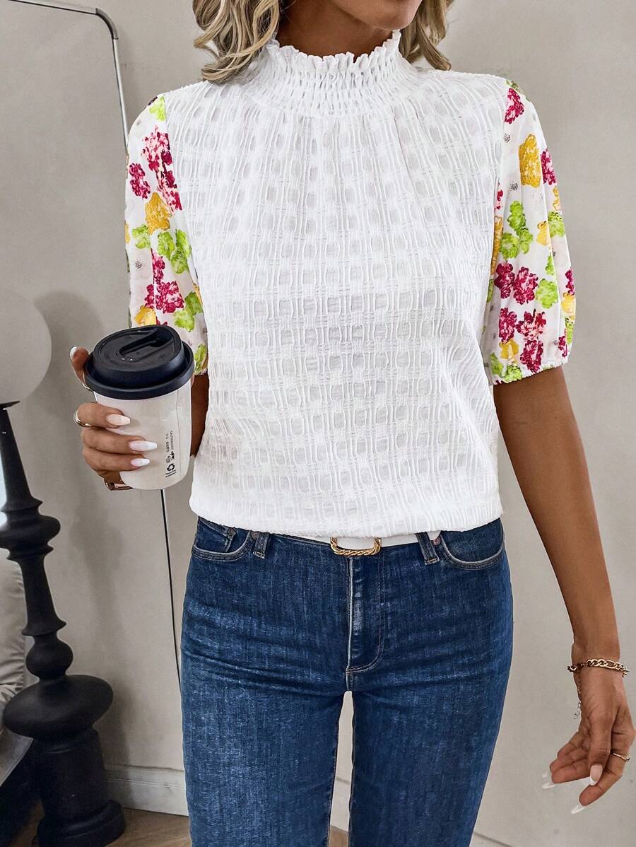 SHEIN Clasi Women Casual Commute Frill Collar Floral Print Short Puff Sleeve T-Shirt - White - View 1