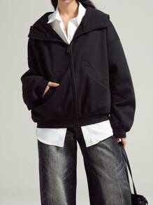 LYSMO Casual Solid Color Thermal Lined Hoodie, Autumn/Winter - Black - View 5