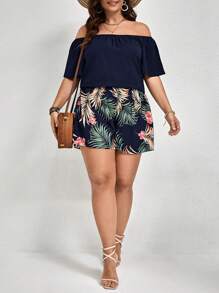 SHEIN VCAY 2pcs Plus Size Boho Simple Fashion Daily Casual Solid Off Shoulder Top And Tropical Print Shorts Set, For Summer,Holiday Outfits Boho - Navy Blue - View 5