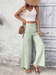 SHEIN LUNE Women's Solid Color Pleated Wide Leg Loose Casual Pants Fall Cloth For Women - Mint Blue - View 1
