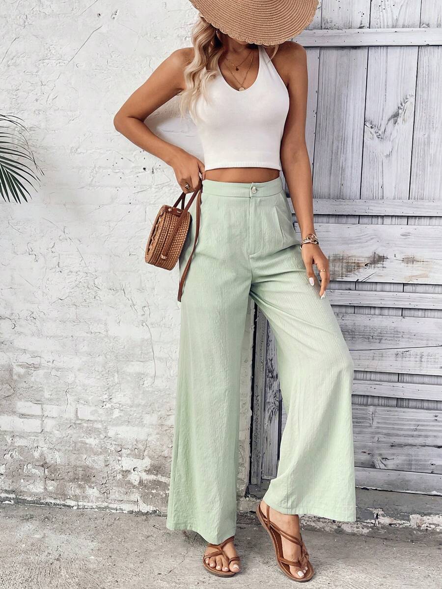 SHEIN LUNE Women's Solid Color Pleated Wide Leg Loose Casual Pants Fall Cloth For Women - Mint Blue - View 1