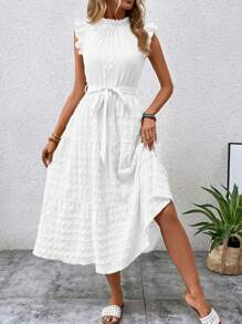 SHEIN LUNE 女士纯色领前系带休闲优雅连衣裙，休闲款 - 白色 - 查看 6