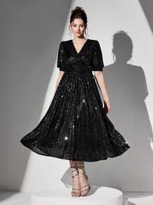 Poshira 闪亮亮片晚礼服，奢华派对礼服，婚礼宾客礼服，腰部收紧设计，修身音乐节春夏，舞会礼服 - 銀色 - 查看 6