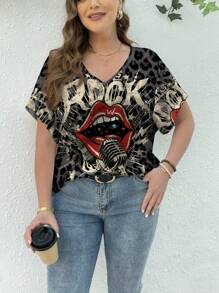 SHEIN LUNE Áo thun tay ngắn cổ chữ V họa tiết da báo và môi đỏ cỡ lớn cho nữ, phù hợp cho mùa hè - trắng - Xem 4