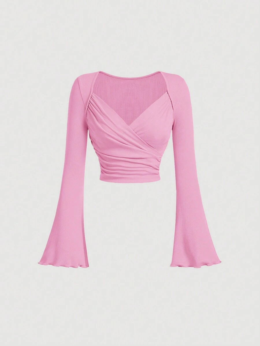 SHEIN MOD 重叠喇叭袖前部杏色优雅T恤，圣诞服装，白色女式T恤，秋季女装，返校季，外出装，修身T恤 - 粉色 - 查看 1