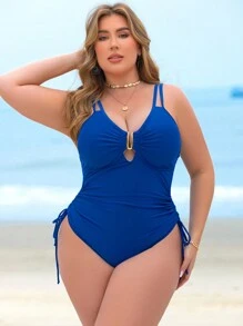 Swim Lushoire 1 bộ đồ bơi liền mảnh màu trơn cỡ lớn cho nữ, đồ bơi kiểm soát bụng cho kỳ nghỉ hè - Màu xanh ngọc - Xem 3