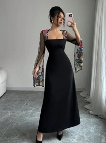 Rafferiza Elegantes französisches retroartiges Kleid für Damen mit Quadratausschnitt und A-Linie Taille, schlank geschnittenes Patchwork-Kleid mit bestickter Mesh-Verzierung