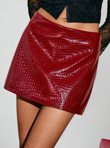 Poéselle Fashion Solid Color Shiny PU Mini Skirt, Low Waist,Valentine's Day Skirt, Anchor Red Skirt