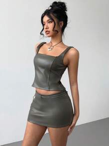 Aloruh 2pcs Women Fashion PU Camisole Crop Top And Burgundy Ultra Low Rise Mini Skirt Set - Army Green - View 6