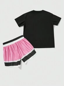 ROMWE MEN Street Life 2 件套男士街头嘻哈人物图案篮球球衣风格 T 恤和拳击短裤套装 - 黑色 - 查看 2