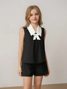 SHEIN Tween Girls Elegant Fashion Simple Lapel Sleeveless Cropped Contrast Bow Shirt And Elastic Waist Plain Shorts Set, Summer - Black - View 1