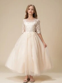 女童新款花卉印花花童裙，高端奢华小品牌公主裙，儿童舞台表演钢琴演奏裙 - 香檳色 - 查看 3