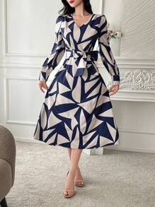 DAZY Geometric Pattern V-Neck Puff Sleeve Belted Midi Dress For Women,Casual Women Dresses,Fall Dress Long Sleeve Dress - Blue - View 4