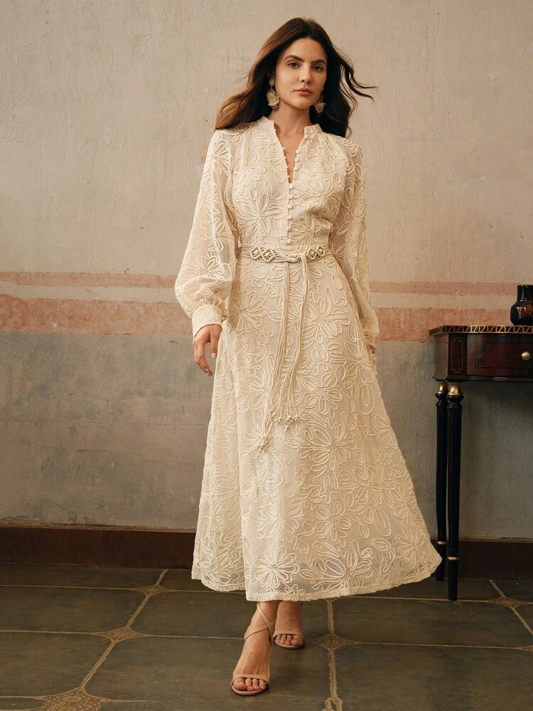 Women's Elegant French Style Waisted Long Sleeve Lace Vintage Dress With Belt, Spring Cream Dresses For Women Ivory Dresses For Women Lace Long Sleeve Dress Beige Dresses For Women