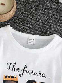 SHEIN 2pcs/Set Girls Cartoon Pattern Casual Streetwear Long Sleeve T-Shirt And Denim Skirt Set, Spring/Summer