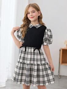 SHEIN 青少年女孩休闲街头时尚黑白格子拼布褶皱喇叭裙领泡泡袖蝴蝶结装饰腰部收腰连衣裙，返校，学院风，格子印花连衣裙 - 黑與白 - 查看 5
