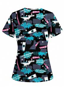 PopScrub Dinosaur Toothbrush & Toothpaste Print Short Sleeve Scrub Uniform Top - White - View 2