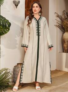 Al Najma 大码女式仿亚麻刺绣土耳其长款束腰外衣，带撞色刺绣 - 薄荷綠 - 查看 1