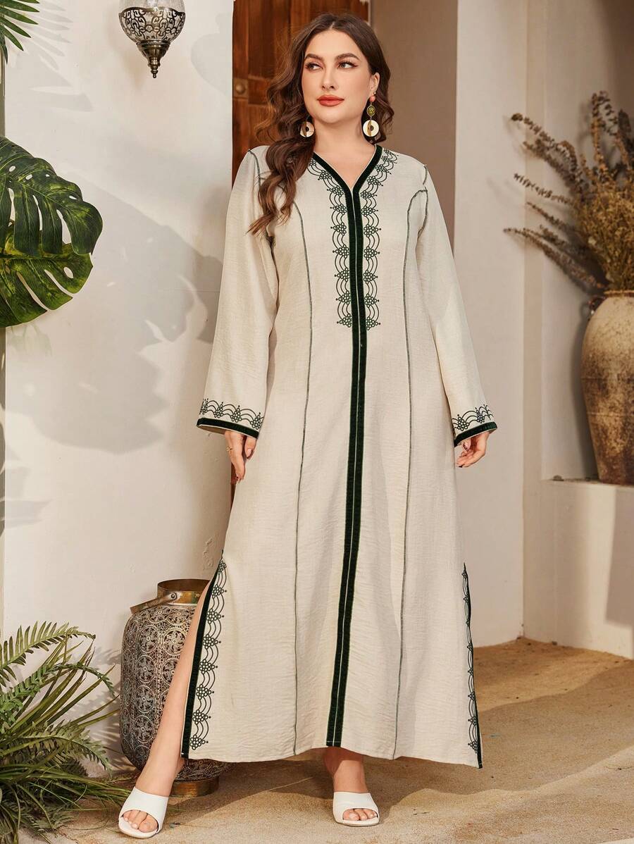 Al Najma 大码女式仿亚麻刺绣土耳其长款束腰外衣，带撞色刺绣 - 薄荷綠 - 查看 1