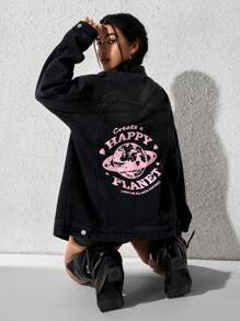 SHEIN EZwear Chaqueta vaquera estampada casual de mujer, moda minimalista para uso diario