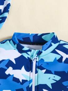 SHEIN Leap Crew 2pcs/Set Newborn Baby Boy Cartoon Shark Print Knitted Soft Stand Collar Long Sleeve Romper And Hat Set - Blue - View 8