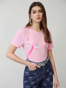 MOTF STUDIO BOW PRINT FAUX PEARL DECOR T-SHIRT,VALENTINE'S DAY,SPRING ...