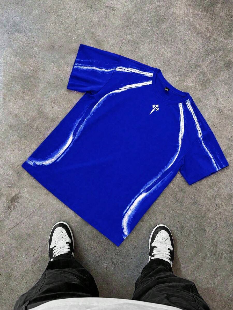 PAVTROS Manfinity Streetrush 男士撞色印花圆领短袖T恤，Y2K风格，万圣节派对，街头服饰 - 寶藍色 - 查看 1