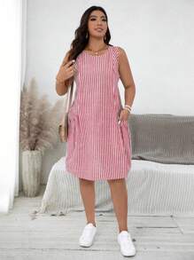 EMERY ROSE Plus Size Vertical Striped Sleeveless Dress With Pockets