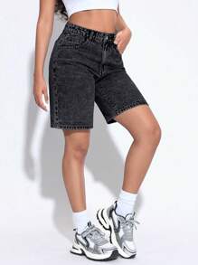 SHEIN PETITE Women's Front Button Pocket Casual Loose Denim Shorts - Dark Grey - View 4