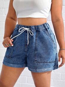 SHEIN EZwear Quần short denim cạp rút giặt thường ngày cỡ lớn - Rửa tối - Xem 1