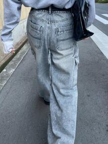 FRIFUL 女式休闲宽松大口袋牛仔裤 - 藍色 - 查看 5