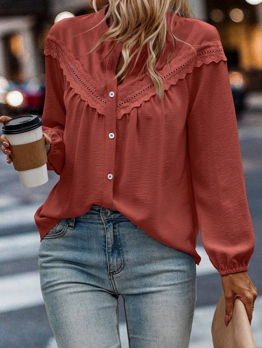 SHEIN LUNE Plus Size Solid Color Front Button Long Sleeve Simple Blouse, Casual Everyday Wear - Rust Brown - View 1