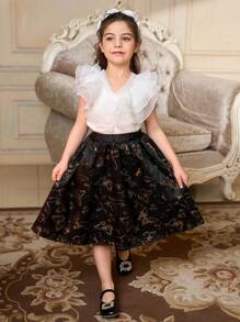 SHEIN 2pcs Set Young Girl Elegant Solid Color Ruffle Mesh Patchwork Blouse And Butterfly Jacquard A-Line Skirt - Multicolor - View 4