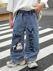 SHEIN 男童新款时尚休闲做旧漫画图案宽松蓝色牛仔裤，适合儿童春季和街头穿着 - 中等水洗藍 - 查看 5