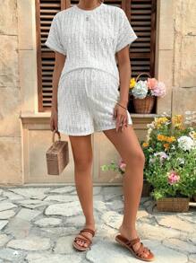 SHEIN 2pcs Maternity Solid Color Knit T-Shirt And Adjustable Waist Straight Shorts Set - Apricot - View 6