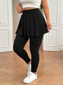 SHEIN EZwear Plus Size Solid Color Pleated Simple Leggings, Casual Everyday Wear