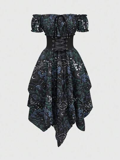 Goth Sun Moon Star Moth Floral All-Over Print Waist Tie Puff Sleeve Asymmetrical Hem Women Dress