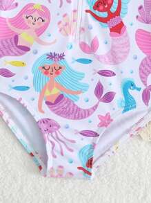 Baby Girl Cartoon Mermaid Print Ruffle Edge Long Sleeve Cute Beach One-Piece Swimsuit