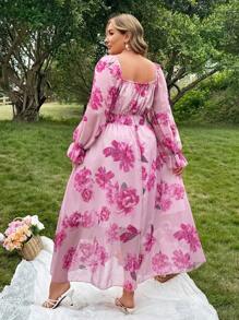 Flirla Plus Size French Romantic Vacation Iris Purple Ditsy Floral Dress, Spring/Summer New Arrival, Shirred Waist Gathered Slim Fit Sweet & Gentle Dress For Beach