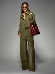 MISSGUIDED Bộ Co-Ord Sọc Vải Lanh Sang Trọng Áo Sơ Mi Cài Cúc Quá Khổ Quần Ống Rộng Trang Phục Công Sở Chuyên Nghiệp Trang Phục Đi Nghỉ Mát Mùa Xuân Hè - xanh quân đội - Xem 5