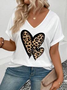 INAWLY Plus Size V-hals Korte Mouw Omslag Manchet Luipaard Print & Hart Grafisch Casual Veelzijdig T-shirt, Lente/Zomer