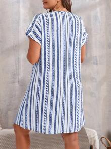EMERY ROSE Váy kẻ sọc mùa hè rộng rãi cho nữ cỡ lớn, đơn giản và thời trang để mặc hàng ngày - Màu xanh lam - Xem 2