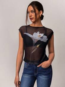 Forever 21 Spring Vintage Elegant Y2K Floral Printed Women's Mesh Undershirt, Minimalist, High Street Style - Multicolor - View 4
