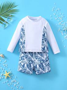 SHEIN Bộ đồ bơi dài tay in họa tiết lá cọ cho bé trai/bé gái, đồ đi biển thường ngày phù hợp cho mùa xuân, hè, thu, đông, bãi biển, hồ bơi, khu nghỉ dưỡng - trắng - Xem 5
