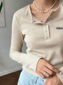 DAZY 半开襟拼接细节长袖女式T恤 - 卡其色 - 查看 3