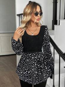 Áo kiểu hoa nhí đen trắng thời trang dành cho nữ: Tay dài, thiết kế peplum, phong cách thường ngày. - màu đen - Xem 3