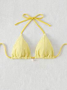SHEIN Swim Summer 1pc Plain Texture Halter Neck Bikini Top - Yellow - View 6