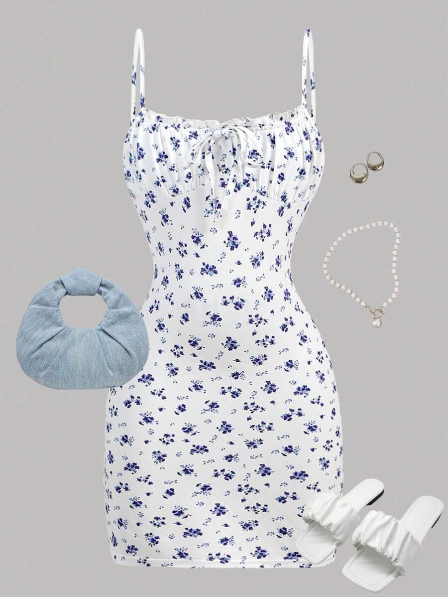 Girlism Tween Girls' Ribbed Blue & White Tie Front Bowknot Cami Snug Fit Mini Dress, Casual Vacation Dress For Spring & Summer - Blue and White - View 1