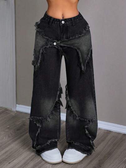 SHEIN PETITE 女士极简日常牛仔裤，饰有五角星图案